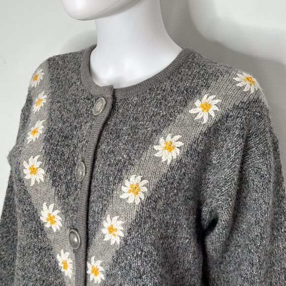 Vintage Country Blue Wool Blend Daisy Print Cardigan in Gray Women's Size M - Picture 9 of 17